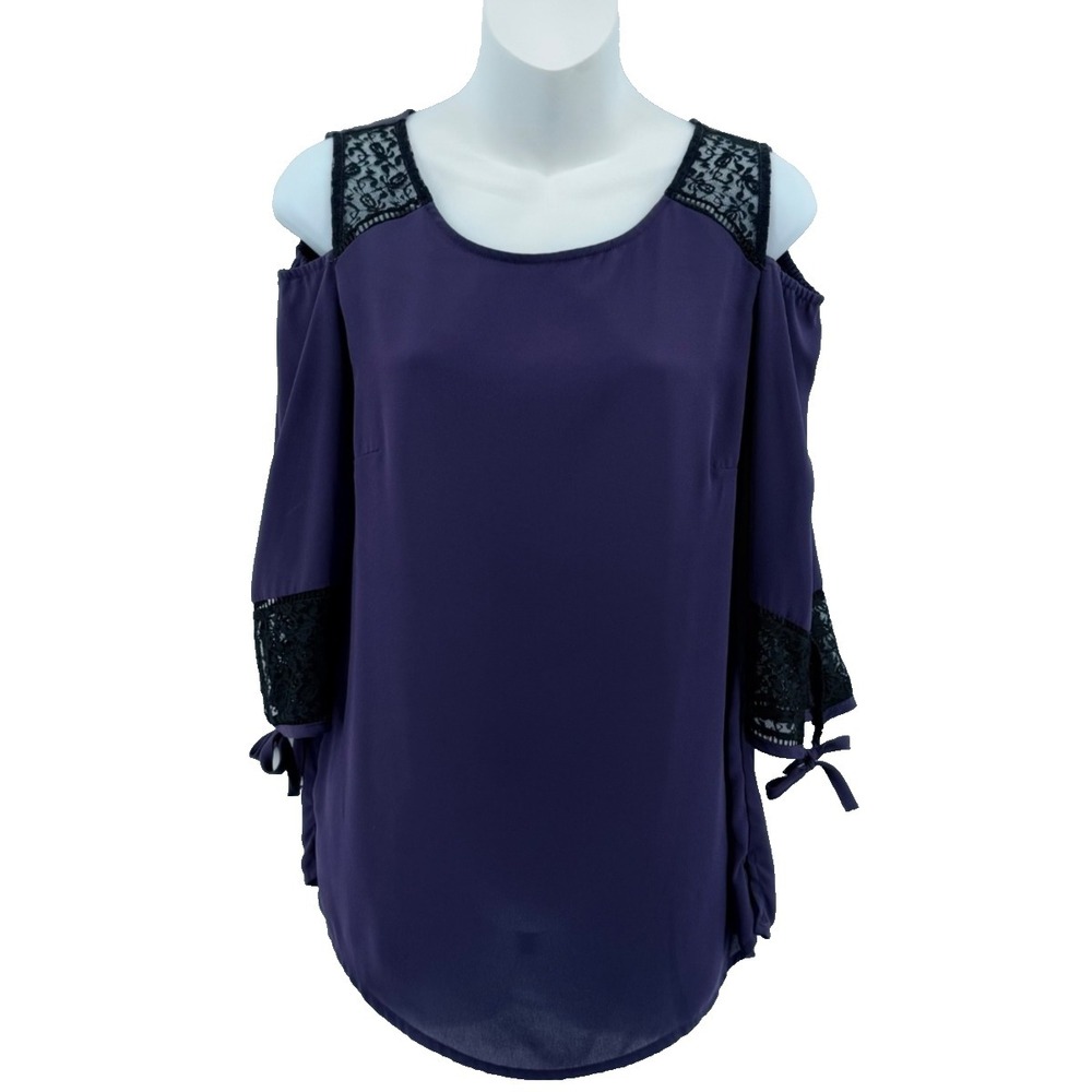 White House Black Market Cold Shoulder Blouse Womens 4 Purple Lace Trim